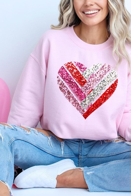 Faux Sequins Striped Heart Graphic Plus Sweatshirt - Classique Collection