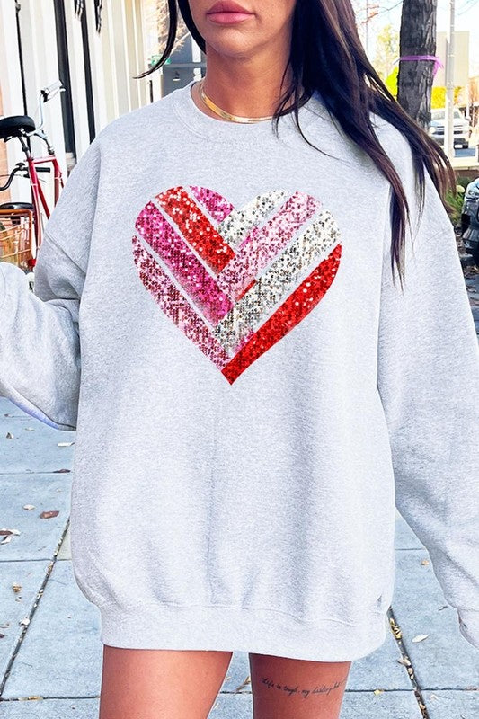 Faux Sequins Striped Heart Graphic Plus Sweatshirt - Classique Collection