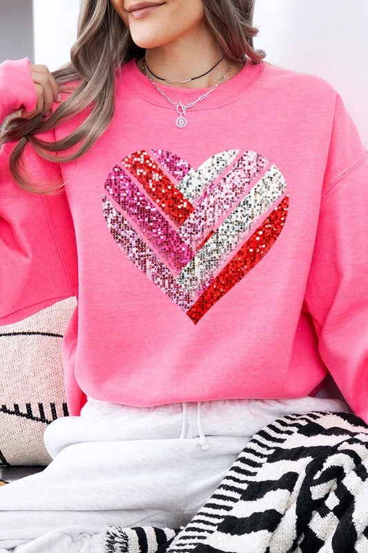 Faux Sequins Striped Heart Graphic Plus Sweatshirt - Classique Collection