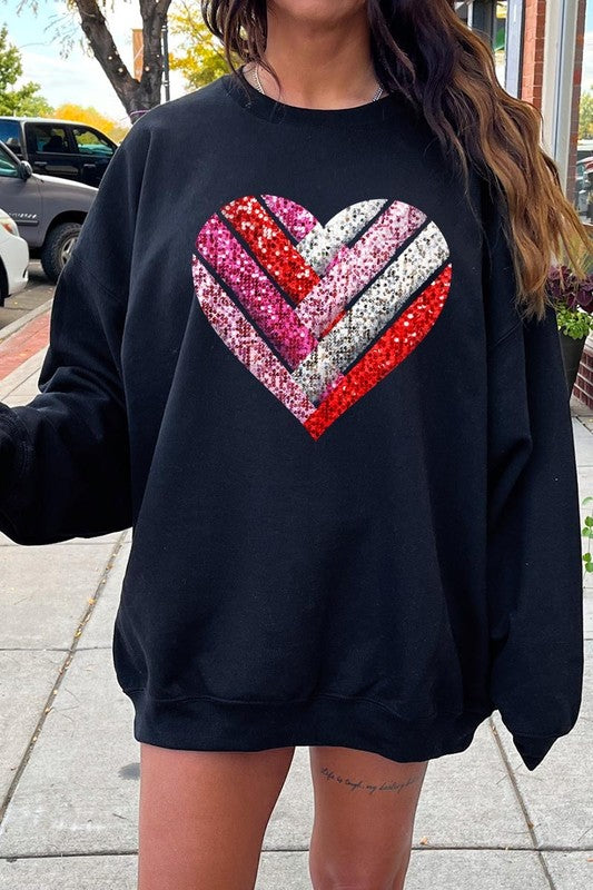Faux Sequins Striped Heart Graphic Plus Sweatshirt - Classique Collection