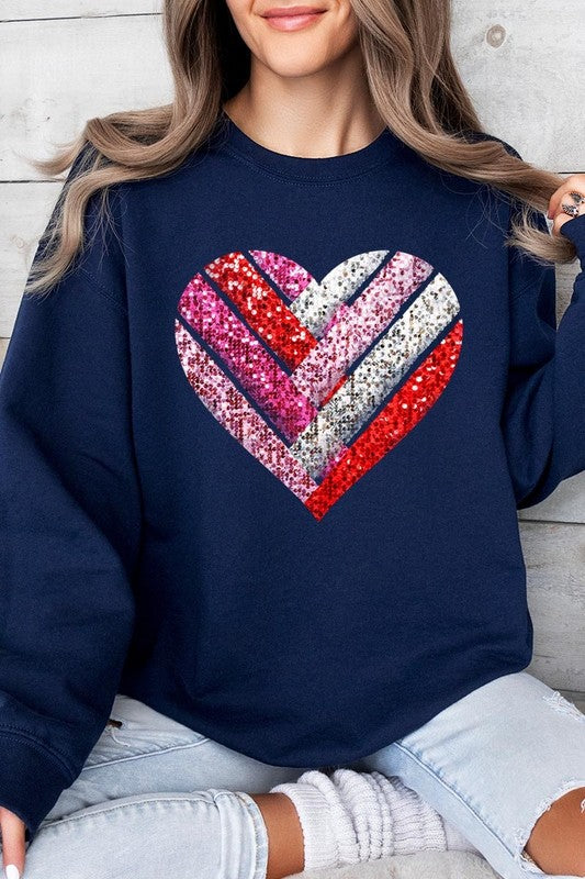 Faux Sequins Striped Heart Graphic Plus Sweatshirt - Classique Collection