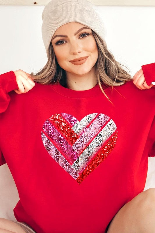 Faux Sequins Striped Heart Graphic Plus Sweatshirt - Classique Collection