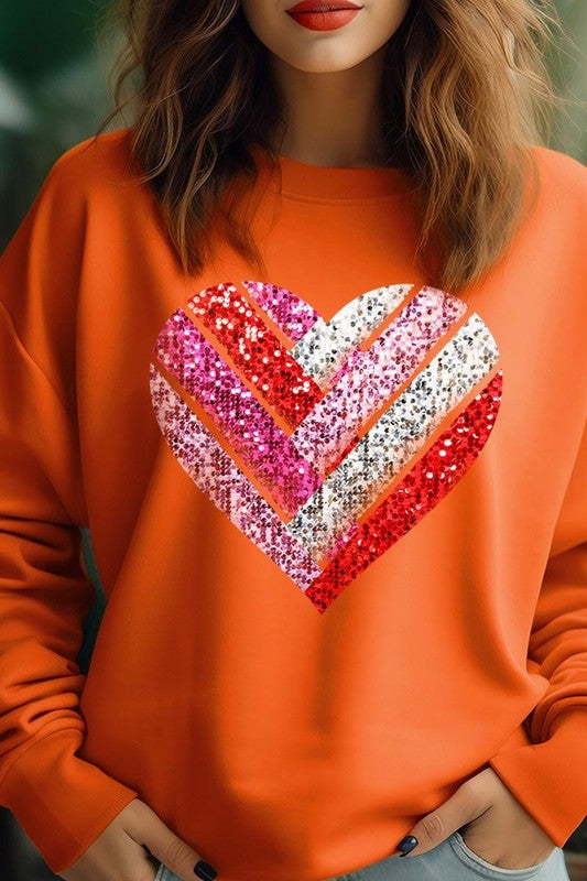 Faux Sequins Striped Heart Graphic Plus Sweatshirt - Classique Collection
