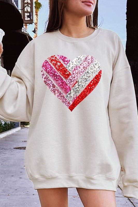 Faux Sequins Striped Heart Graphic Plus Sweatshirt - Classique Collection