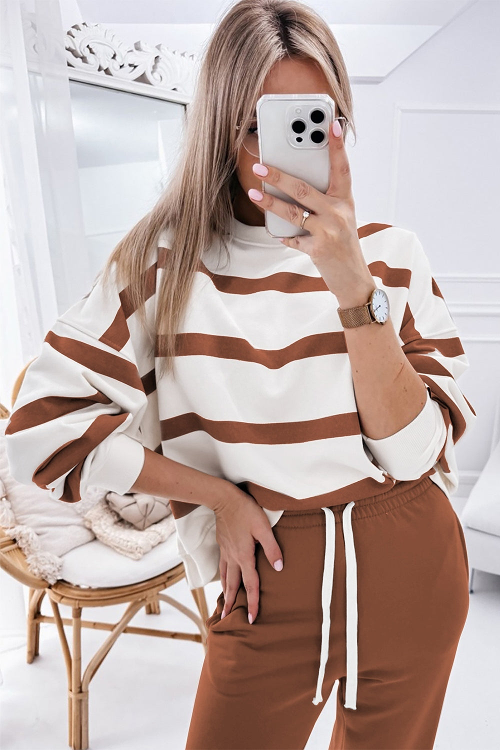 Striped Round Neck Long Sleeve Top and Pants Set - ClassiQ