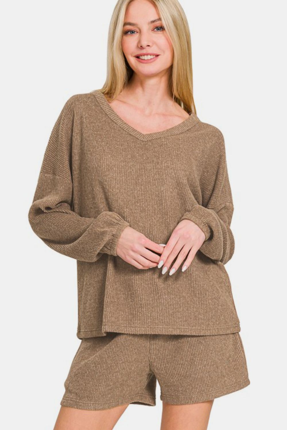Zenana V-Neck Long Sleeve Ribbed Top and Shorts Set - ClassiQ