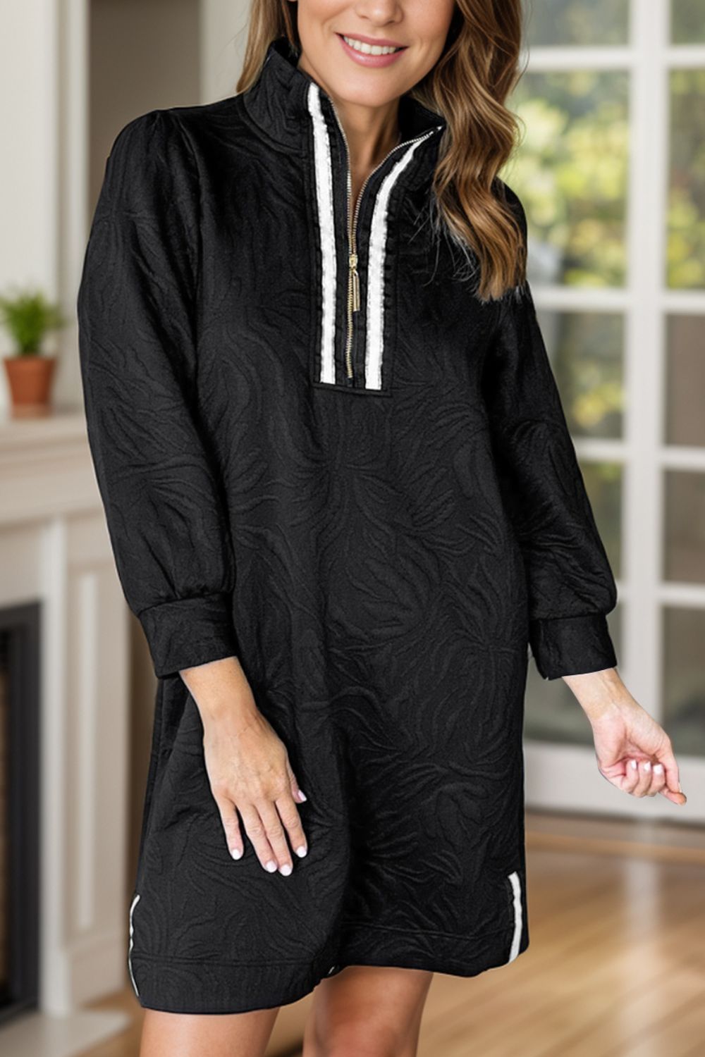 Texture Quarter Zip Long Sleeve Mini Dress - Classique Collection
