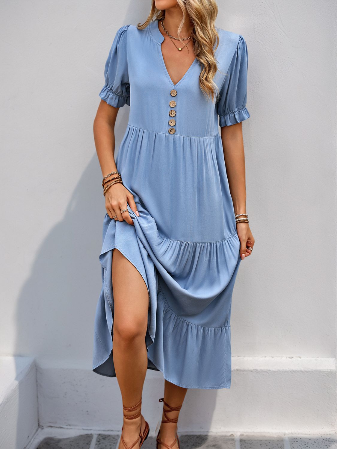 Perfee Decorative Button Notched Short Sleeve Midi Dress - Classique Collection