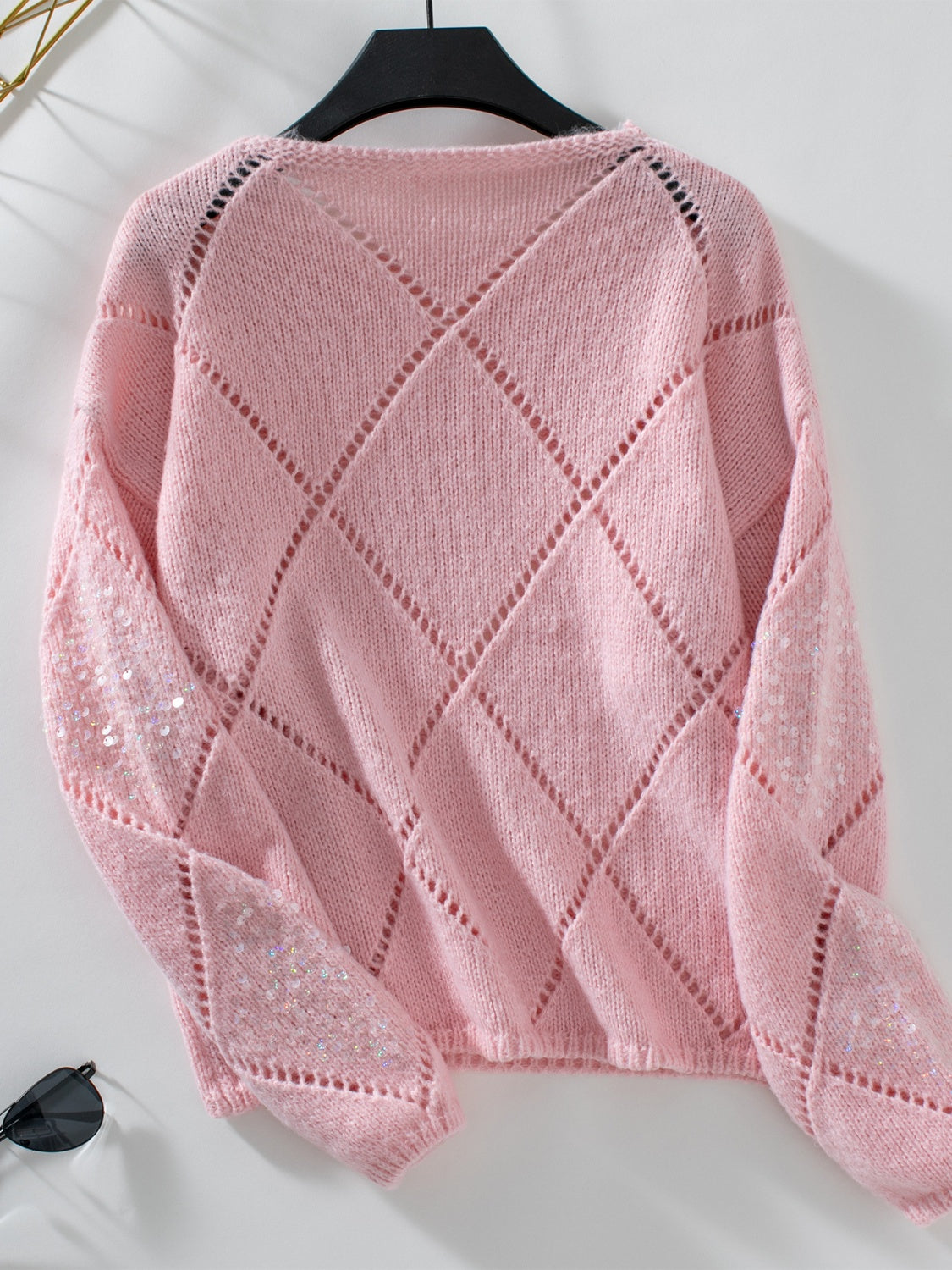 Openwork Round Neck Long Sleeve Knit Top - ClassiQ