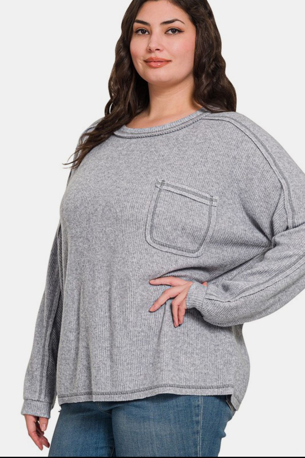 Zenana Full Size Contrast Stitching Brushed Ribbed Hacci Knit Top - Classique Collection