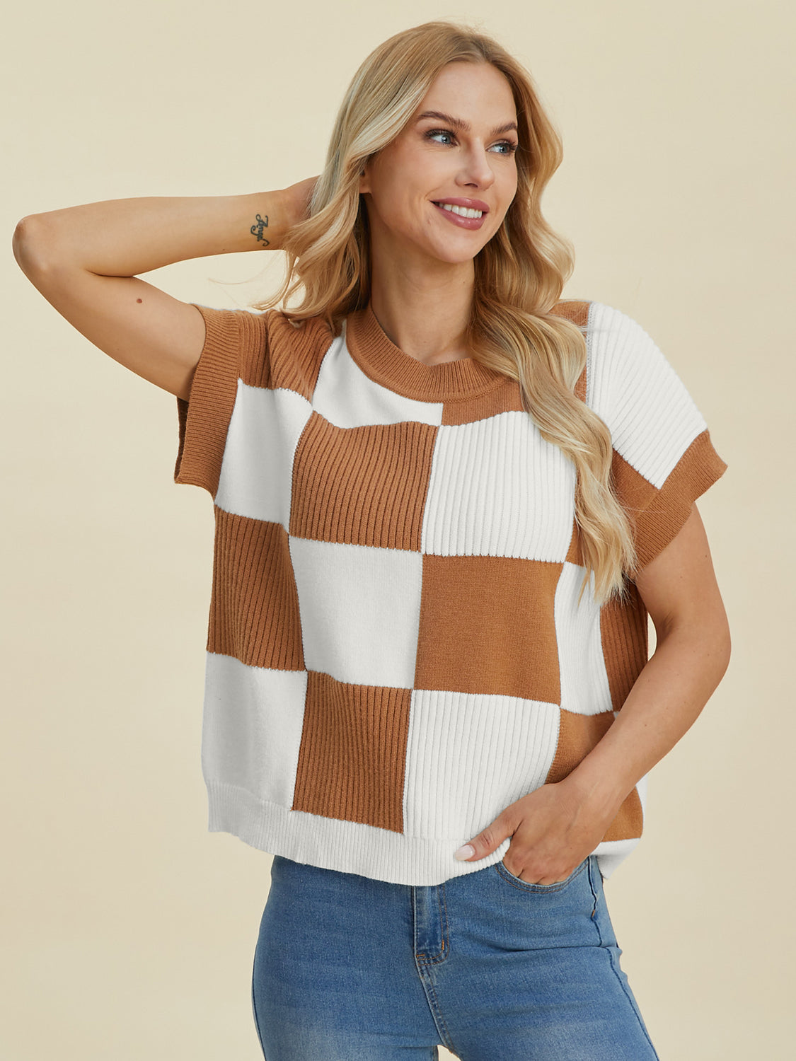 Double Take Full Size Checkered Round Neck Short Sleeve Sweater - ClassiQ