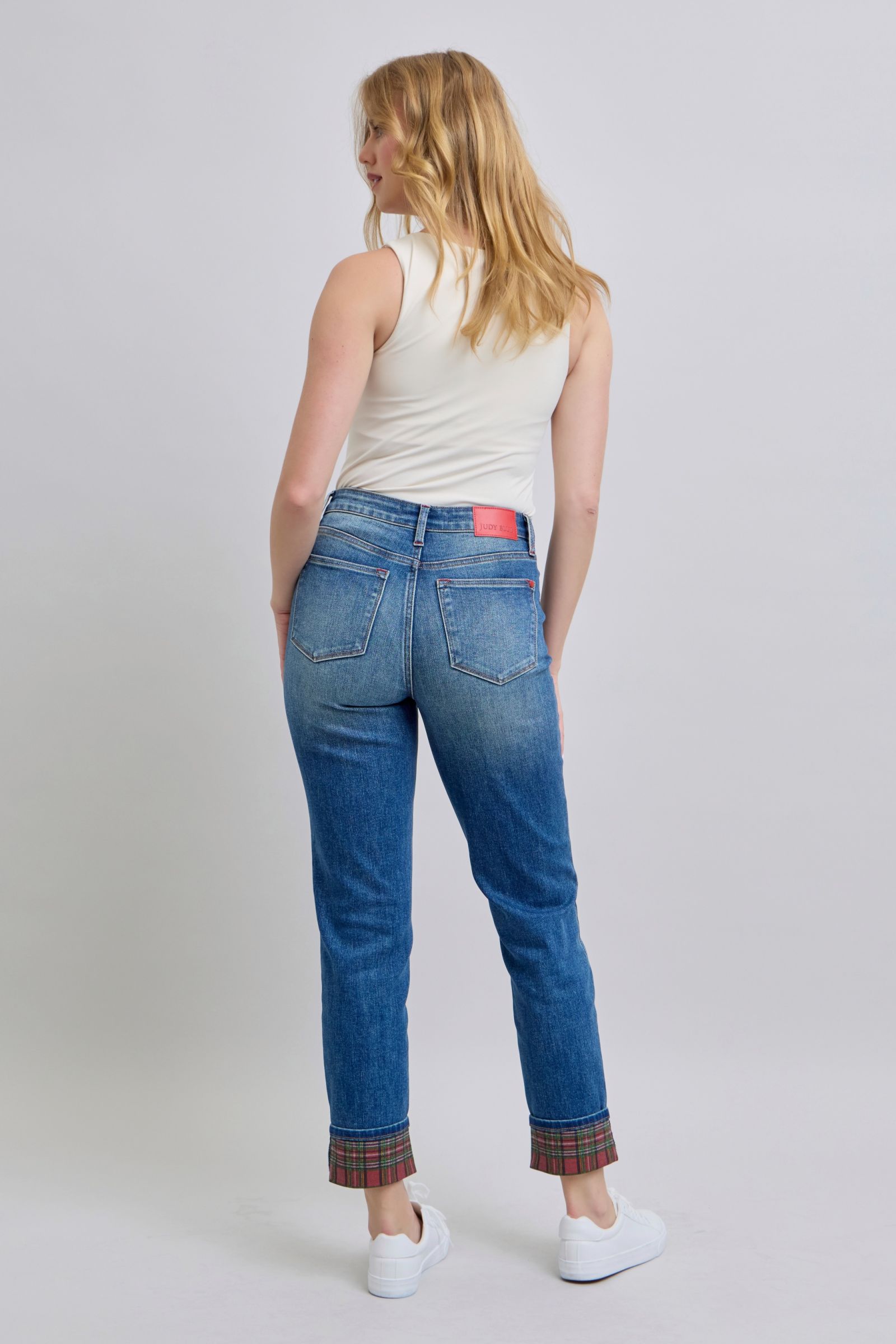 Judy Blue Full Size Plaid Print Cuff Straight Leg Jeans with Pockets - Classique Collection