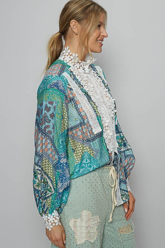 POL Lace Detail Printed Button Down Shirt - Classique Collection