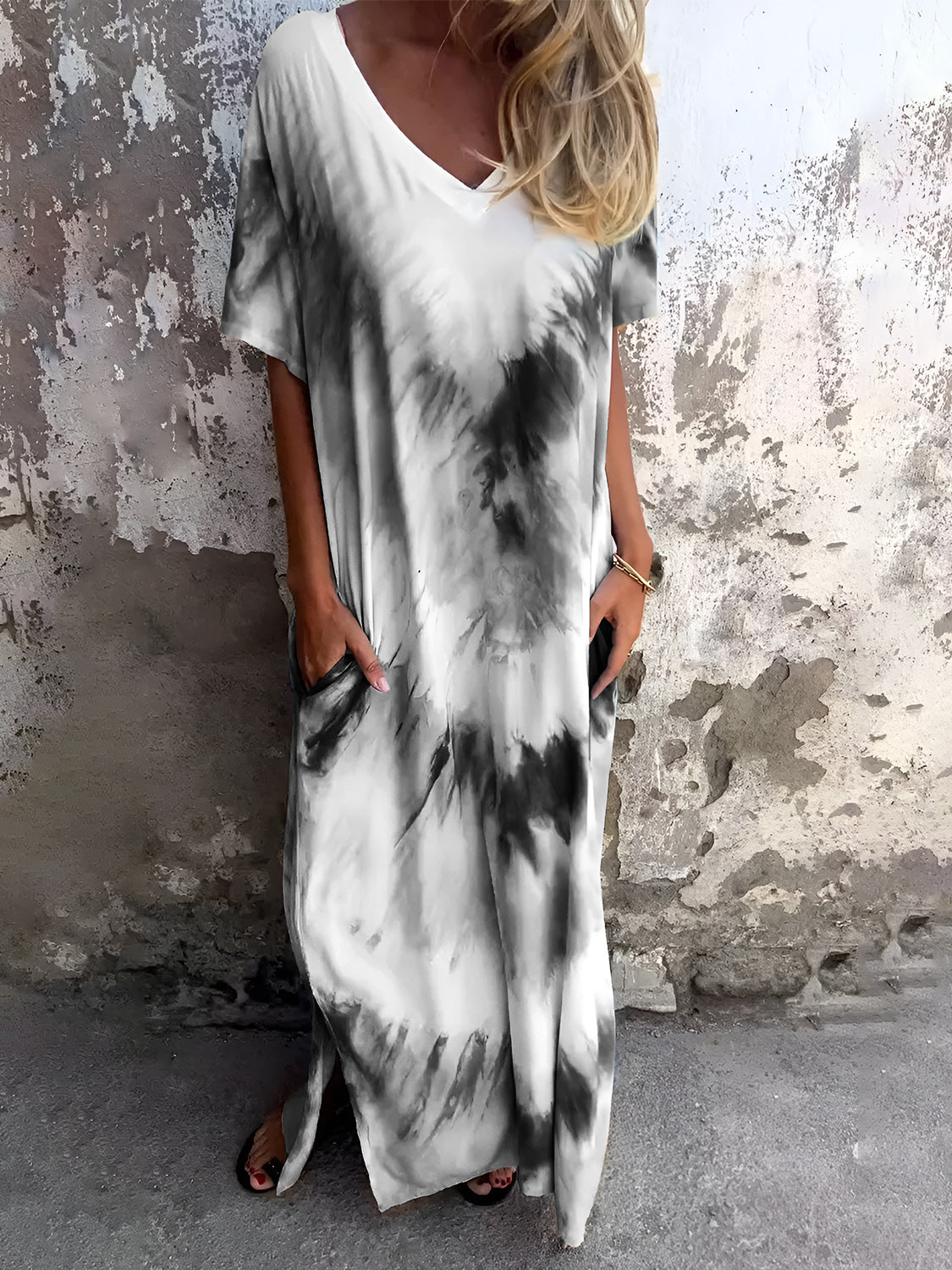 Full Size Pocketed Tie-Dye Short Sleeve Dress - Classique Collection