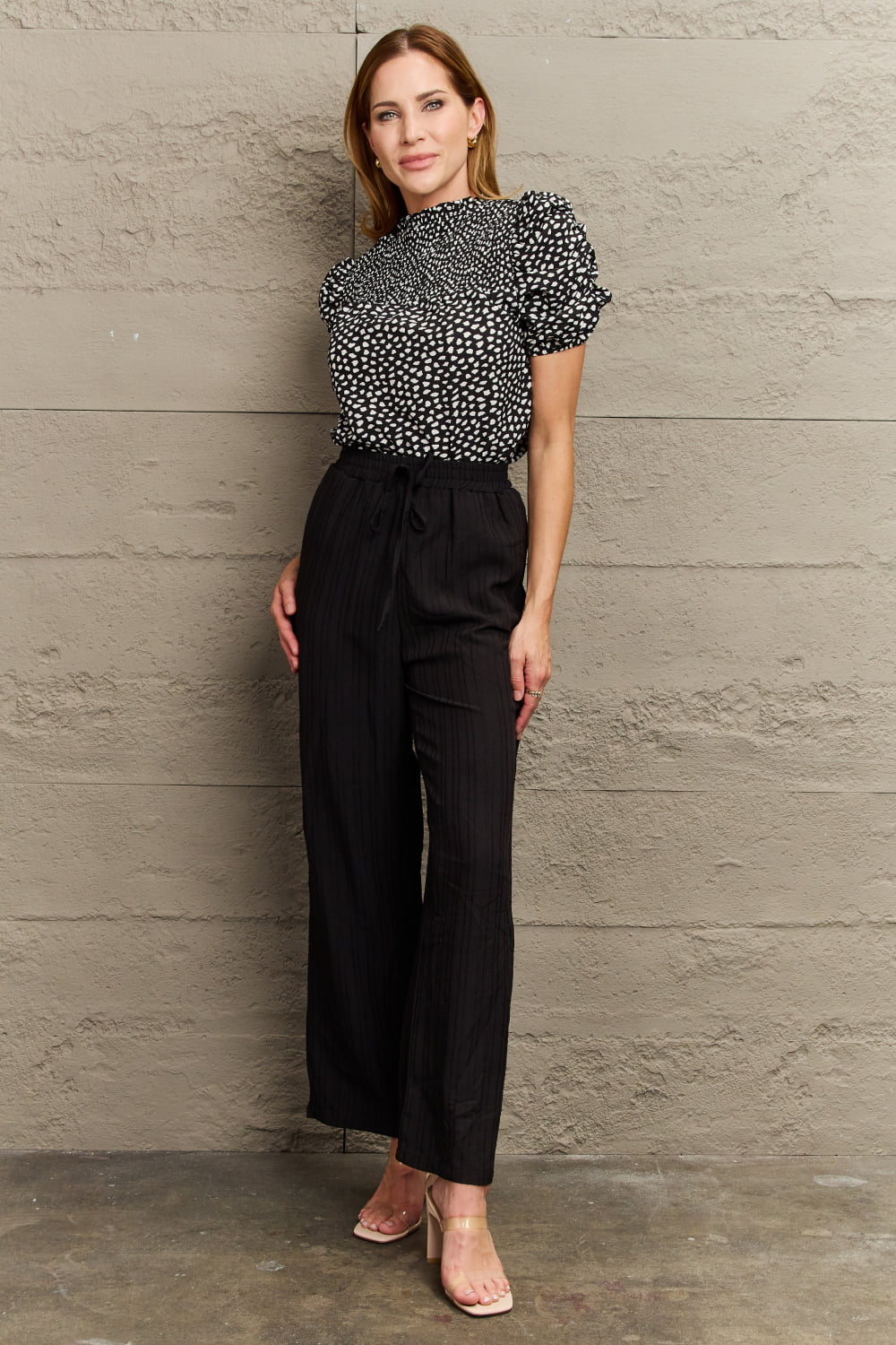 Perfee Printed Round Neck Puff Sleeve Blouse - Classique Collection