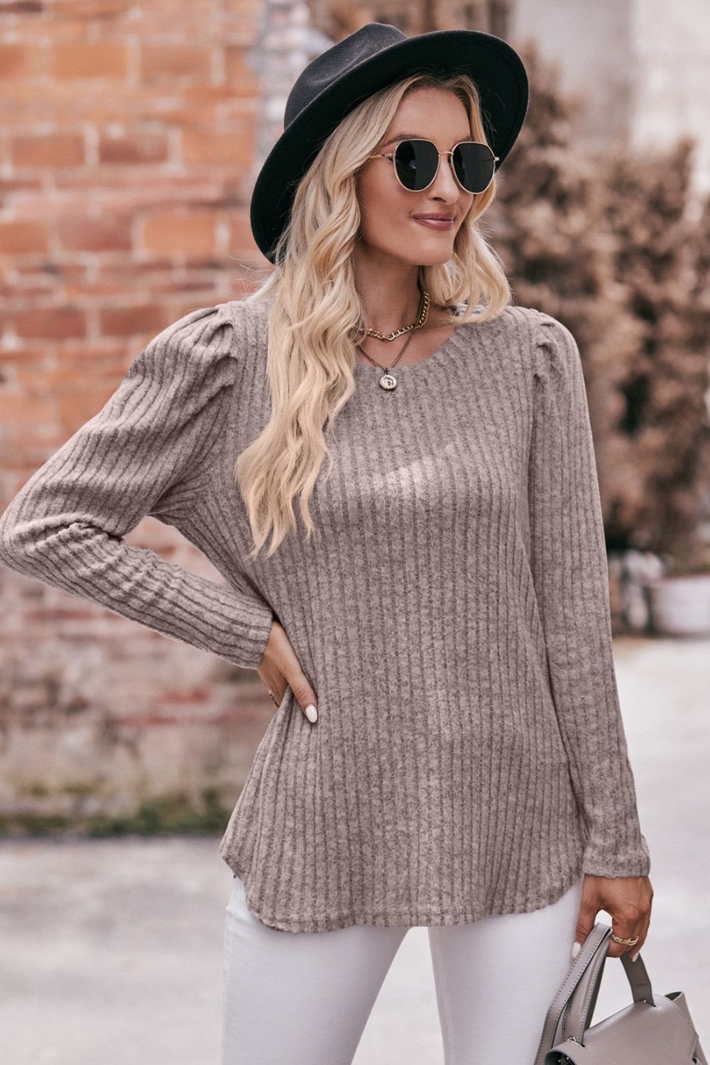 Mandy Round Neck Puff Sleeve Ribbed Top - Classique Collection