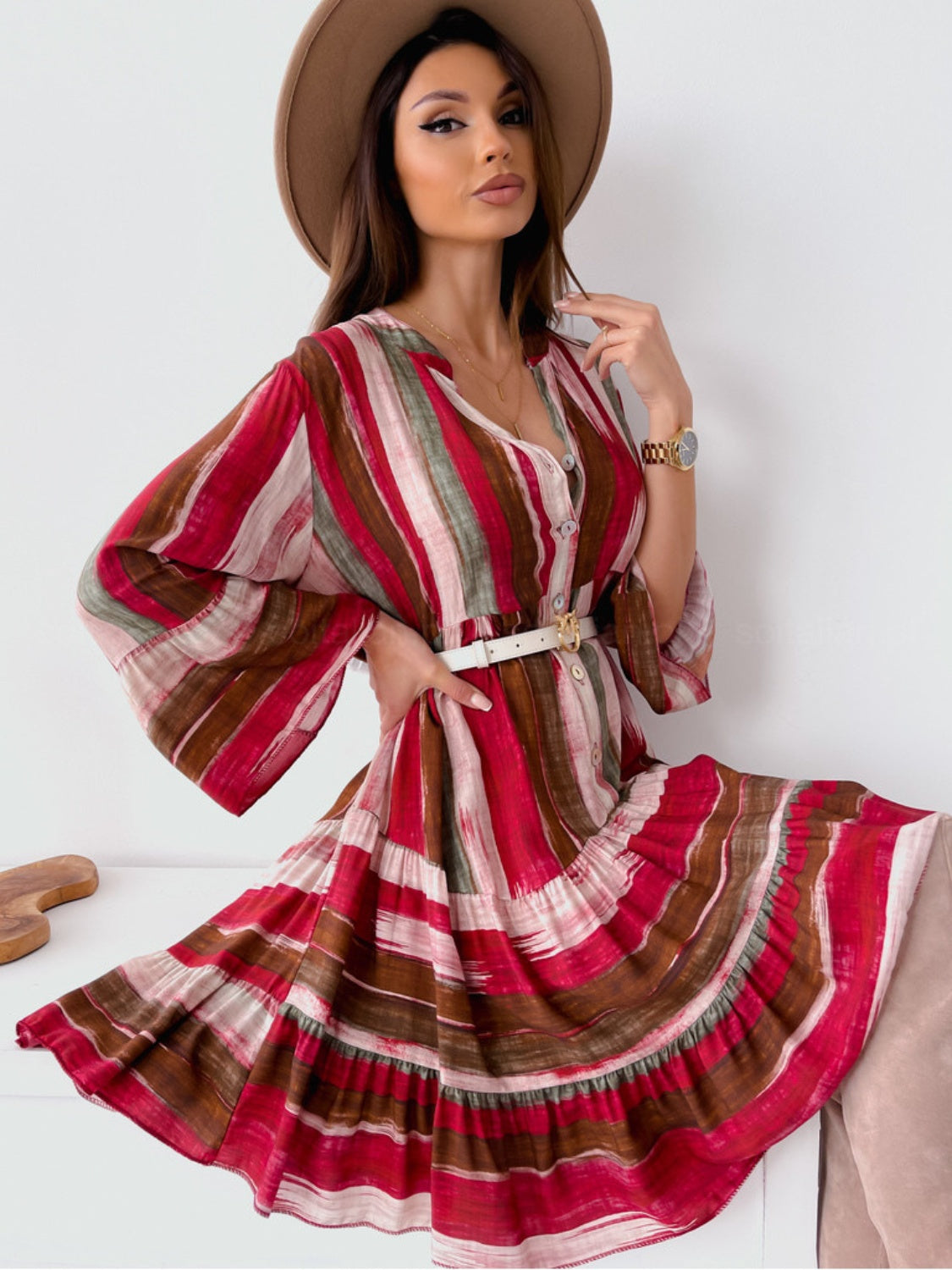 Buttoned Striped Long Sleeve Mini Dress - Classique Collection