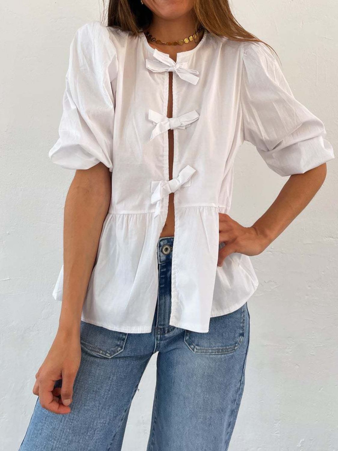 Tied Round Neck Balloon Sleeve Shirt - Classique Collection