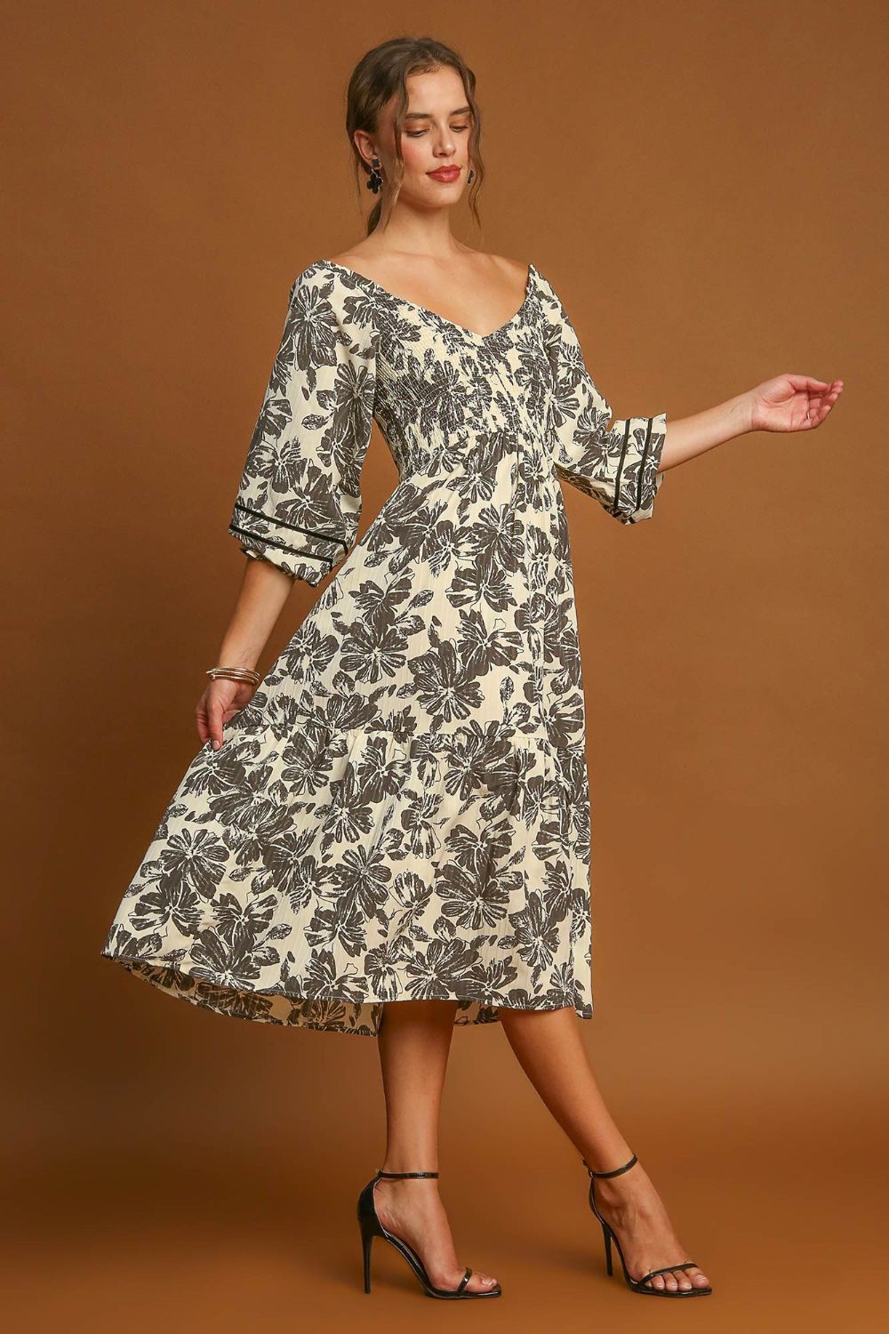 Umgee Ruffle Hem Flower Printed V-Neck Dress - Classique Collection