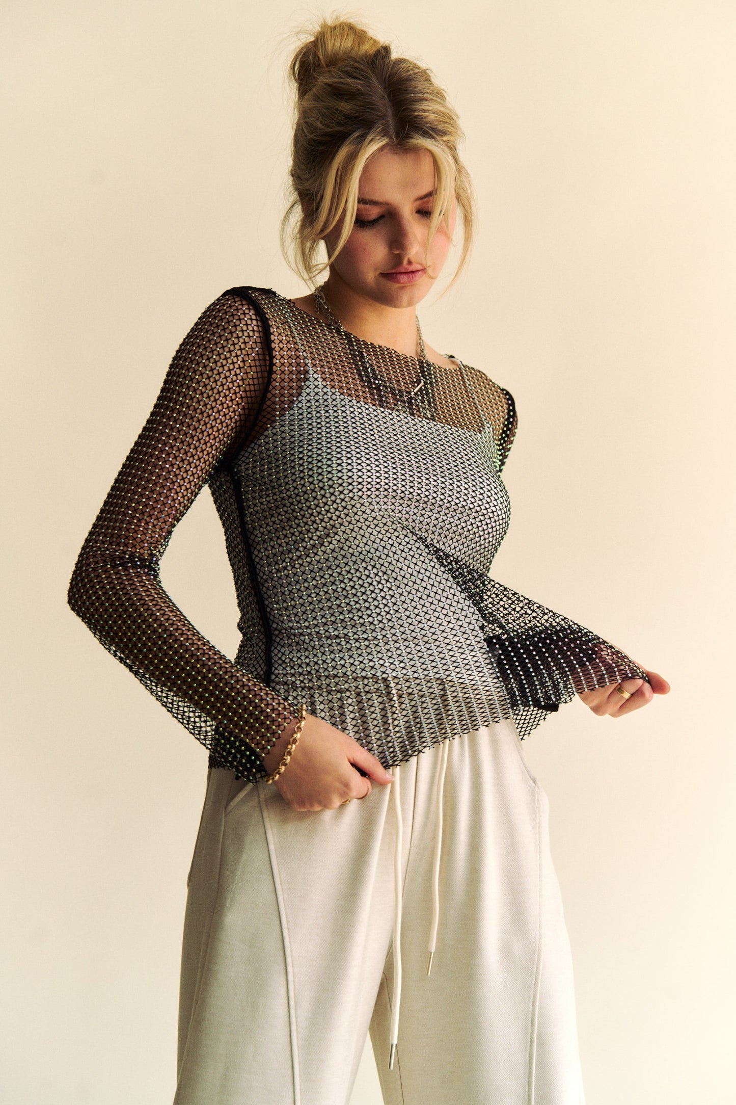 Davi & Dani Sparkling Rhinestone Sheer Mesh Round Neck Top - Classique Collection