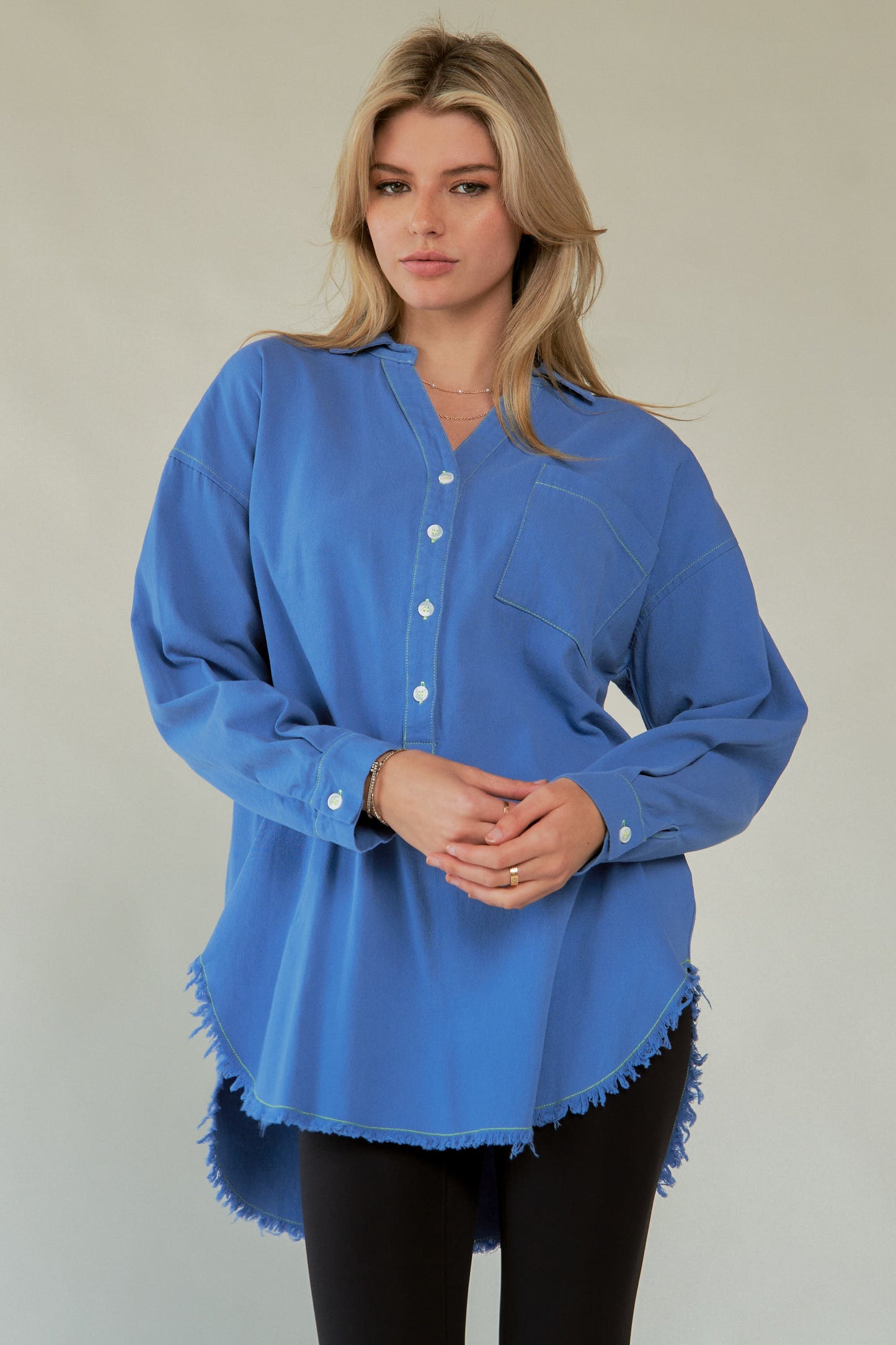 Davi & Dani Letter Back Raw Hem Half Button Shirt - Classique Collection