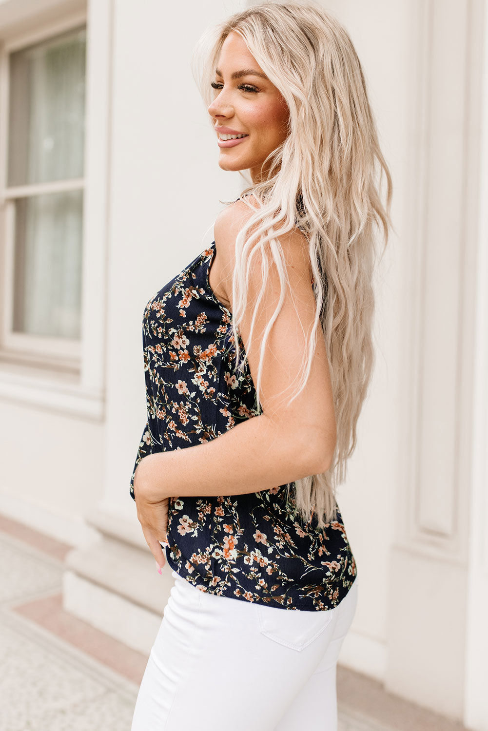 Floral Print Cutout Round Neck Tank Top - Classique Collection