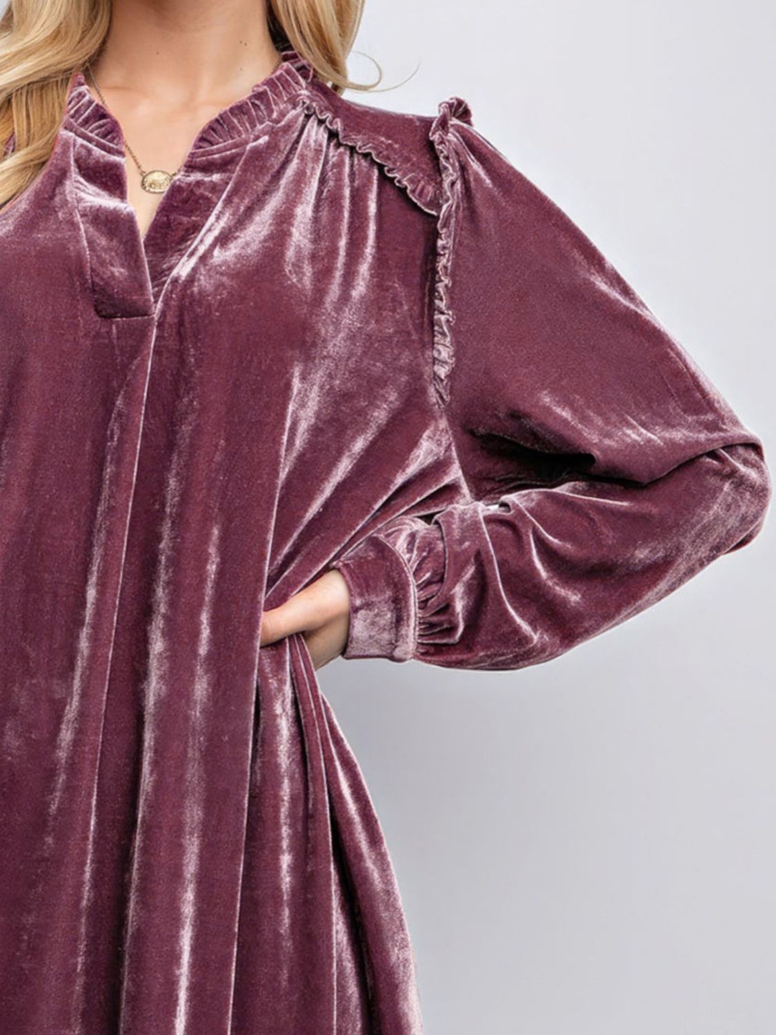 Frill Notched Long Sleeve Dress with Pockets - Classique Collection