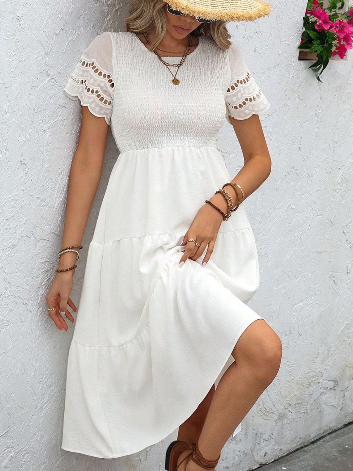 Smocked Round Neck Short Sleeve Dress - ClassiQ
