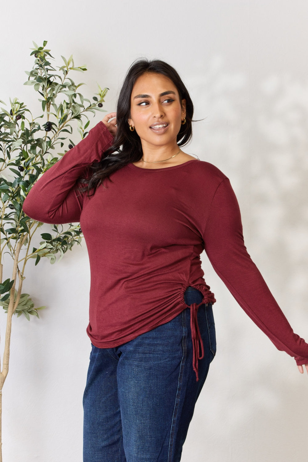 Culture Code Full Size Drawstring Round Neck Long Sleeve Top - Classique Collection