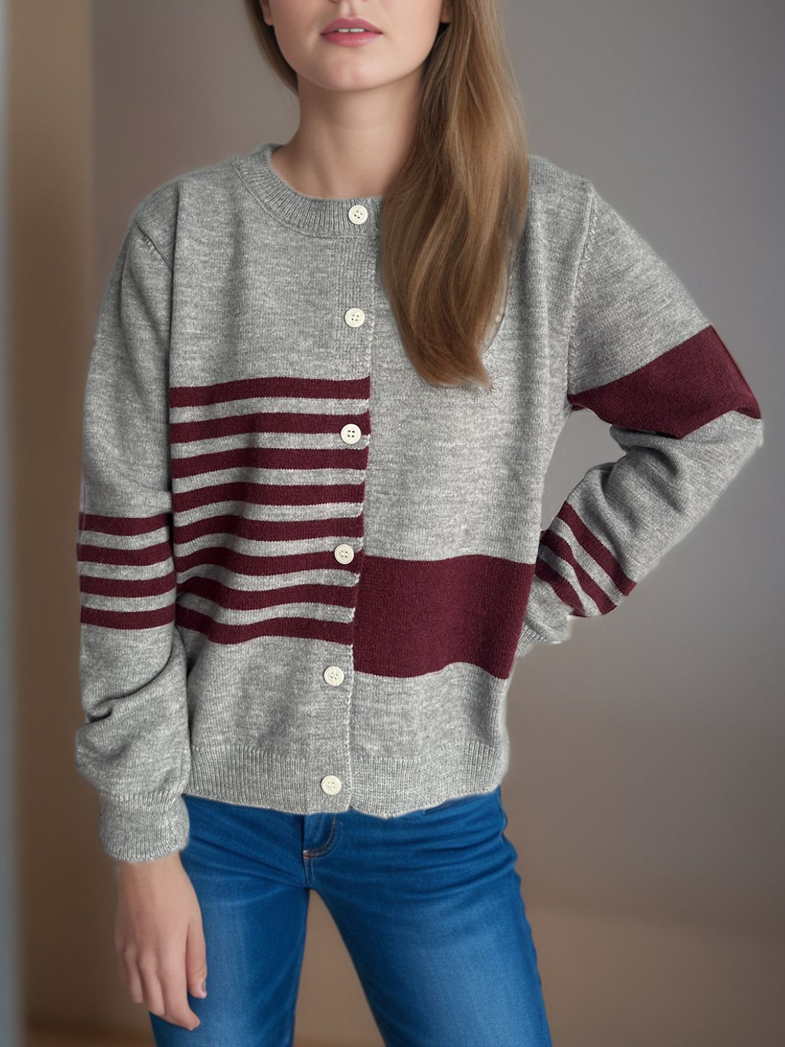 Striped Color Block Round Neck Cardigan - Classique Collection