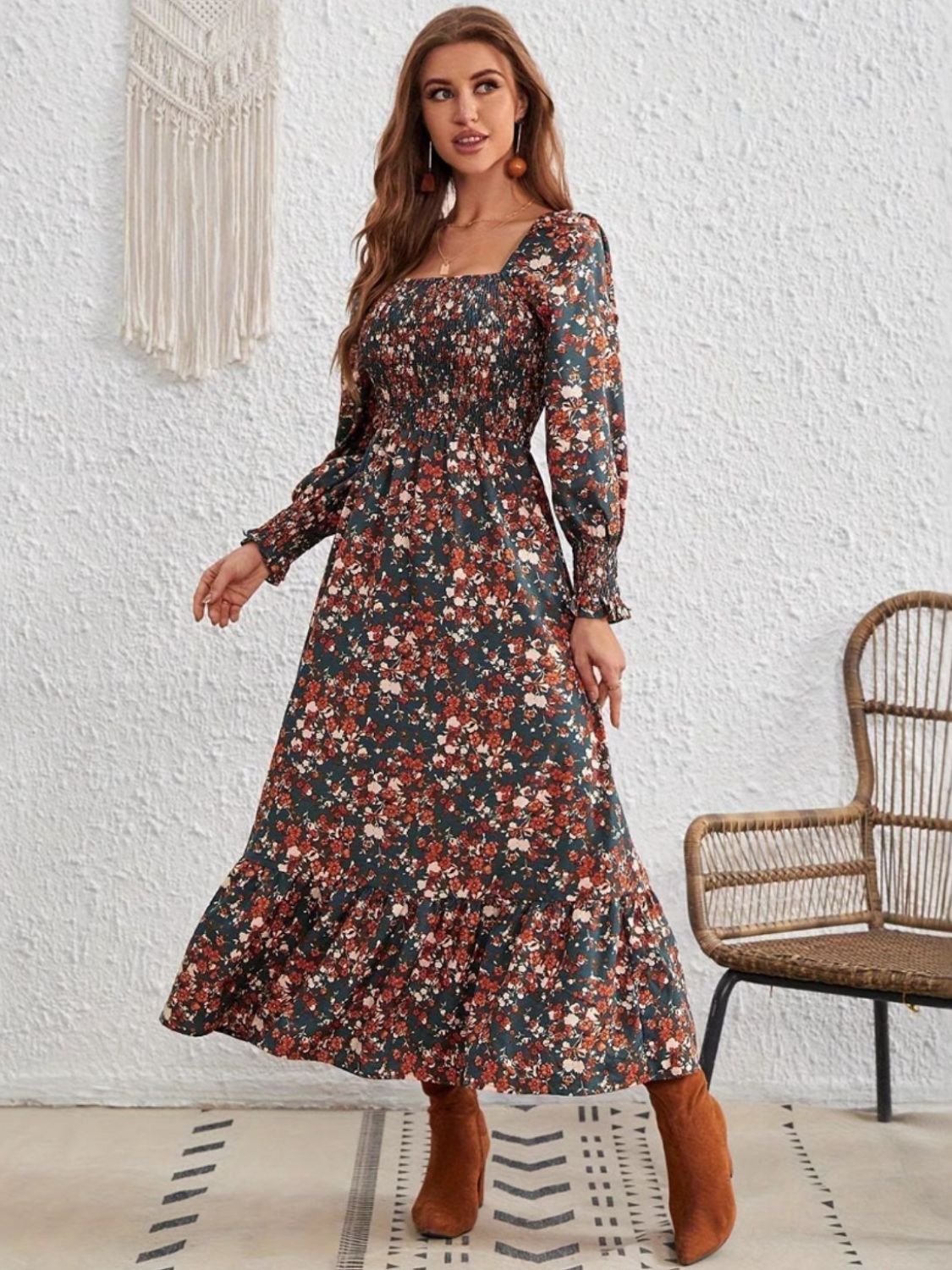 Smocked Floral Square Neck Long Sleeve Dress - Classique Collection