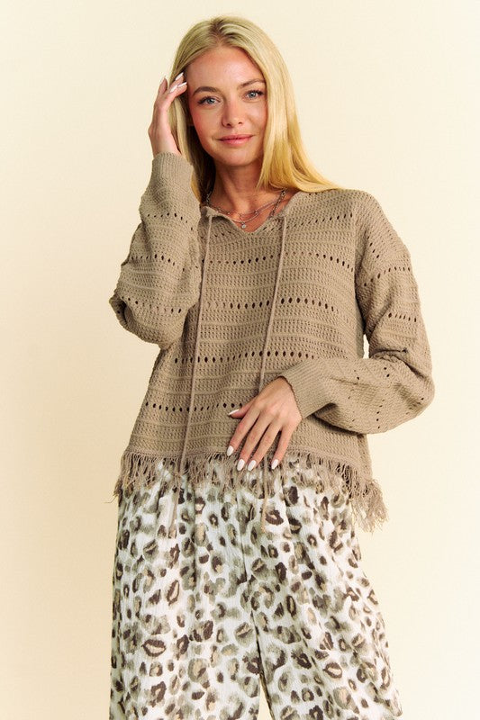 Davi & Dani Fringe Hem Openwork Drop Shoulder Knit Top - Classique Collection