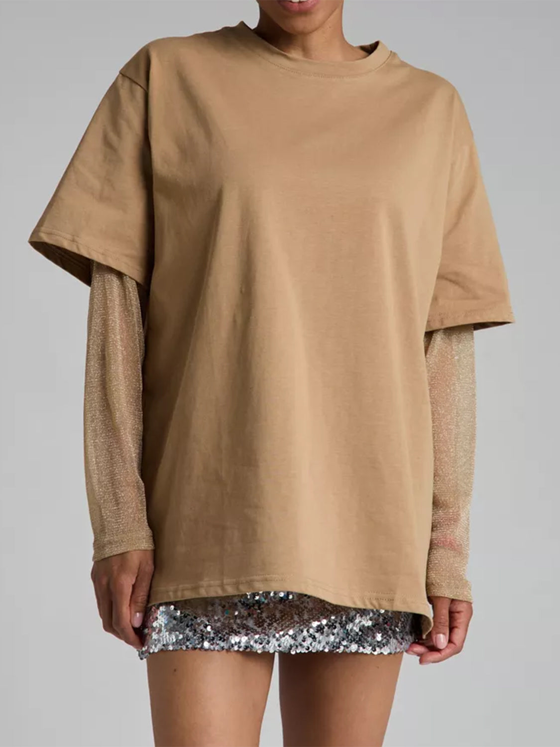 Faux Layered Round Neck Mesh Sleeve Top - Classique Collection