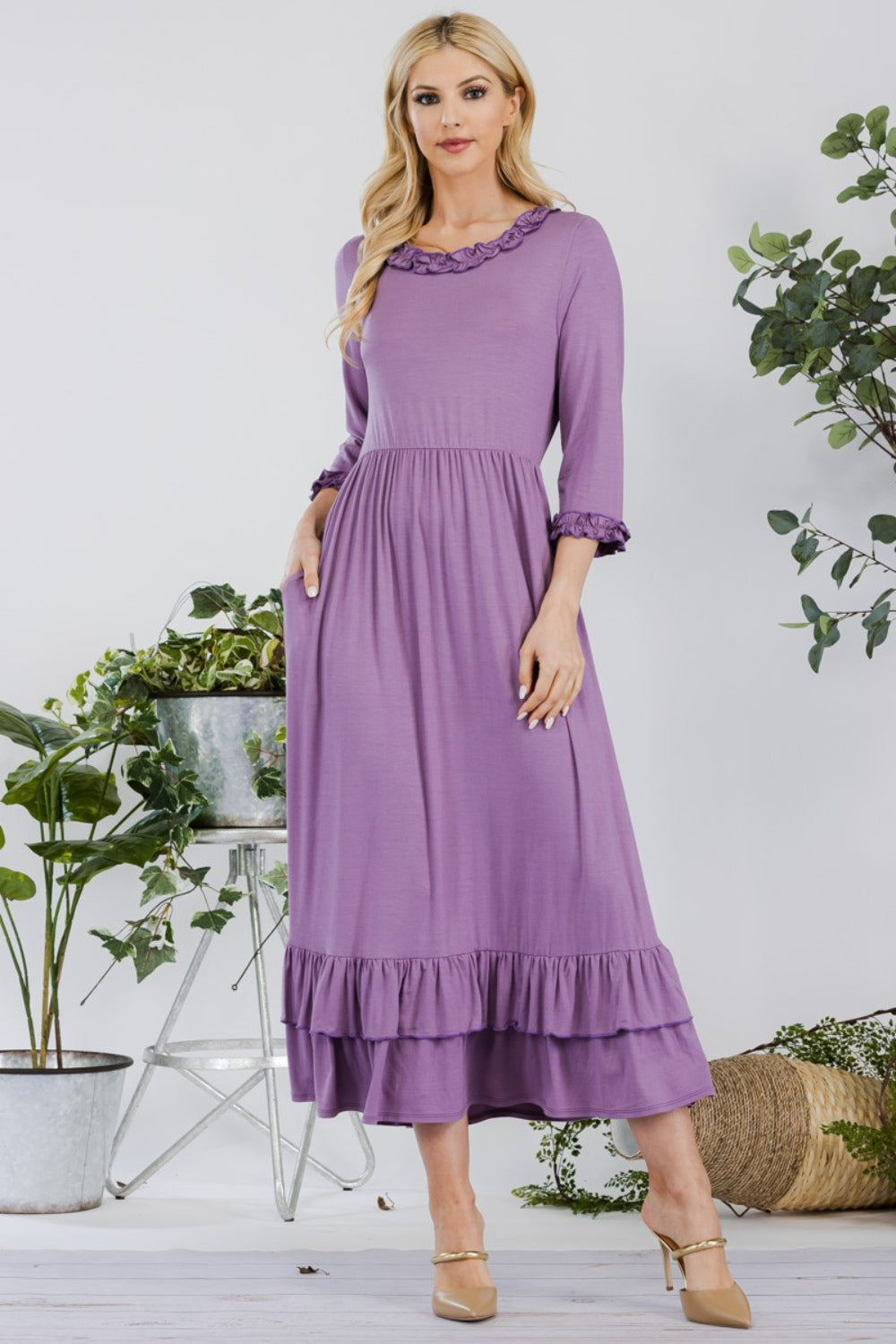 Celeste Full Size Layered Ruffle Hem Dress with Pockets - Classique Collection