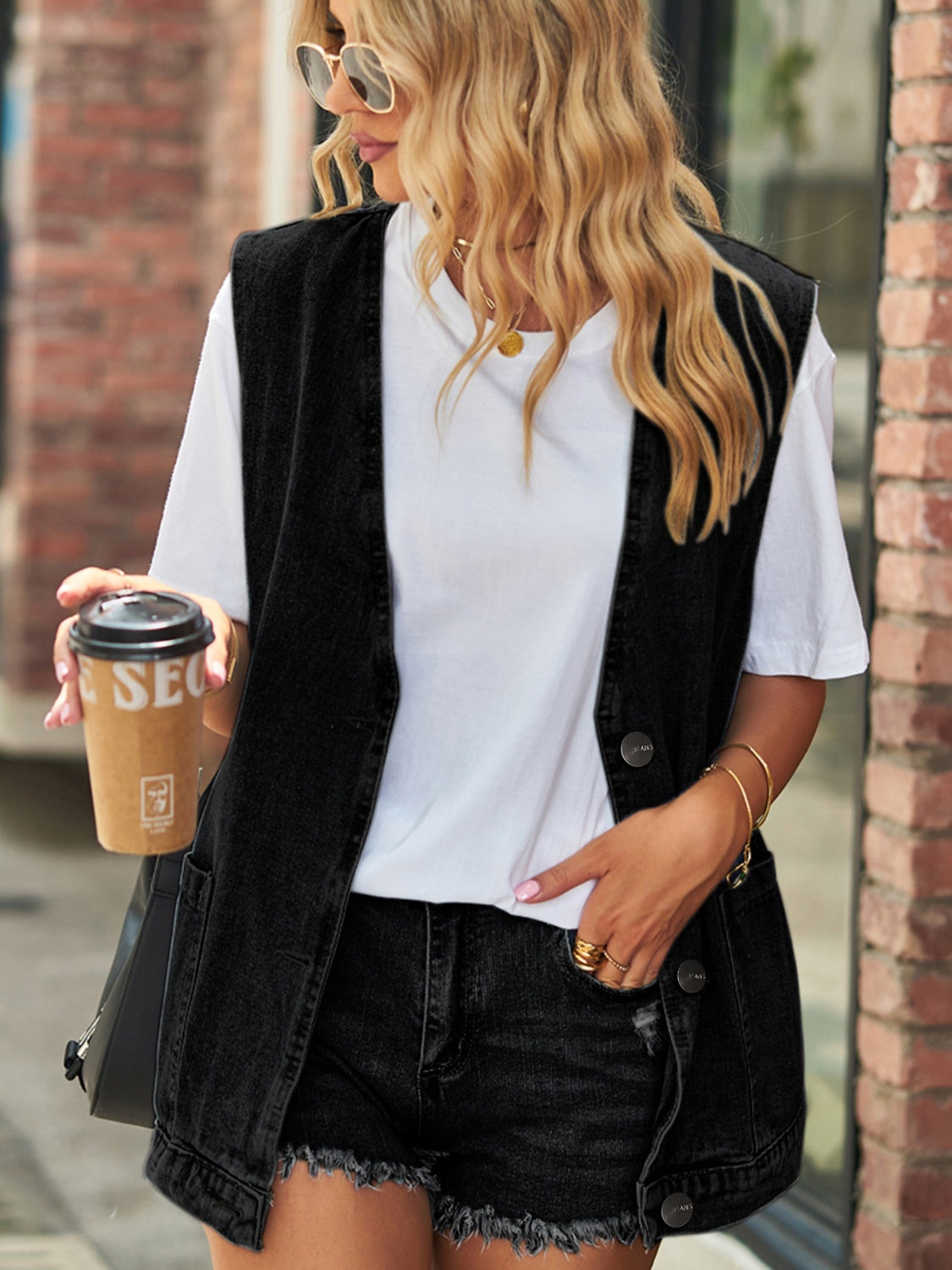 Full Size V-Neck Button Up Denim Vest - Classique Collection
