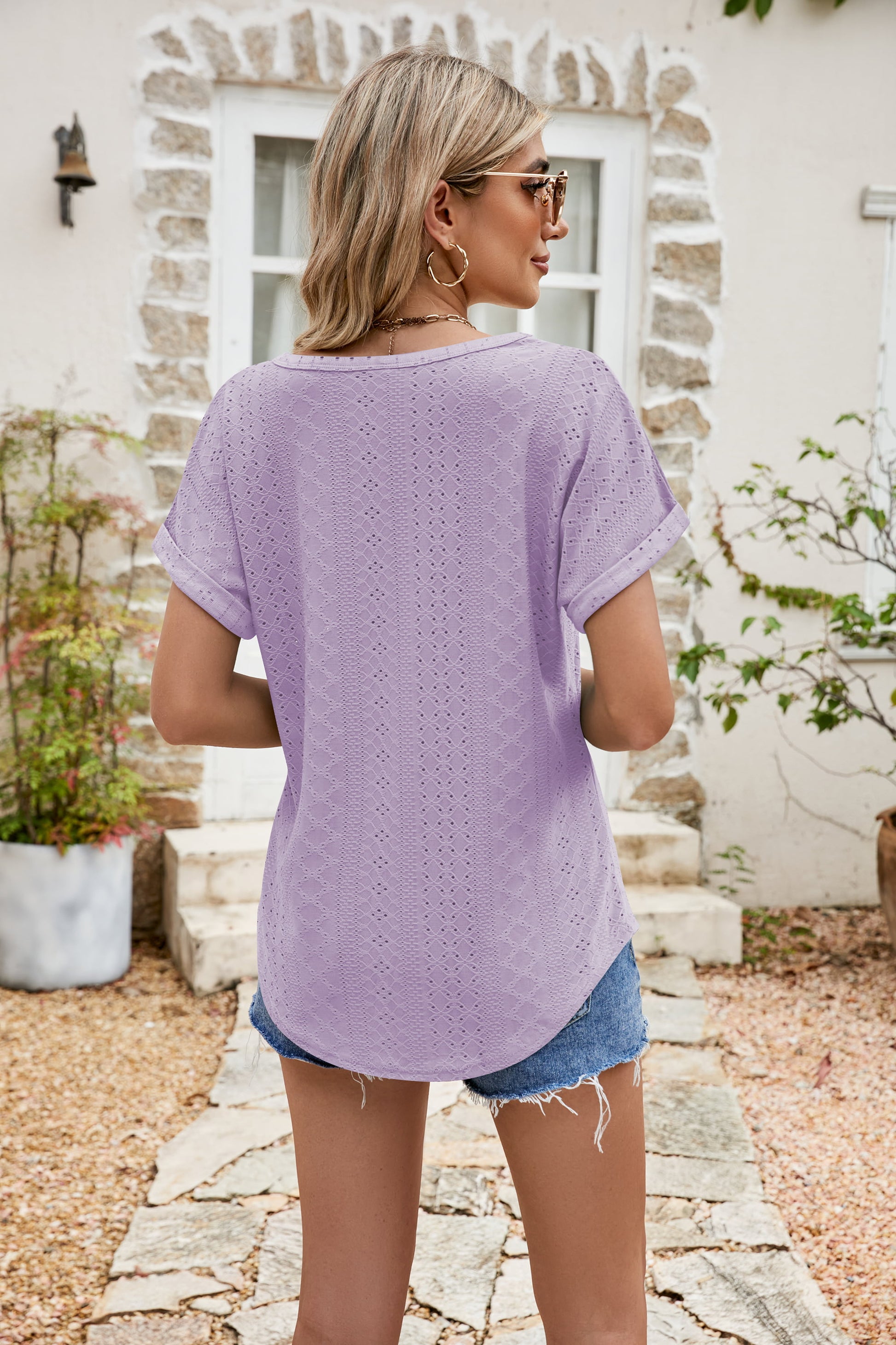 Full Size Round Neck Eyelet Short Sleeve Top - Classique Collection