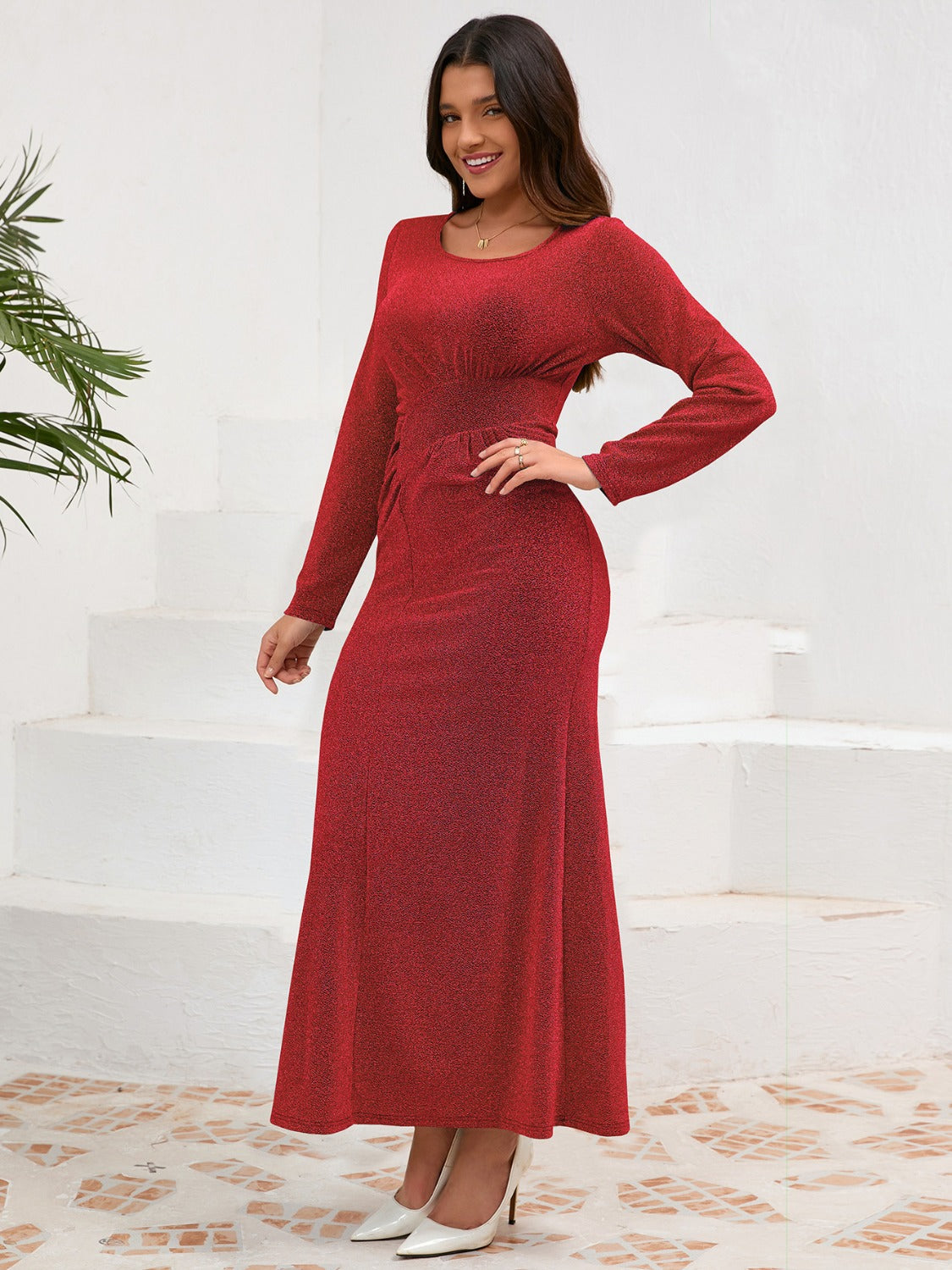 Ruched Round Neck Long Sleeve Dress - Classique Collection