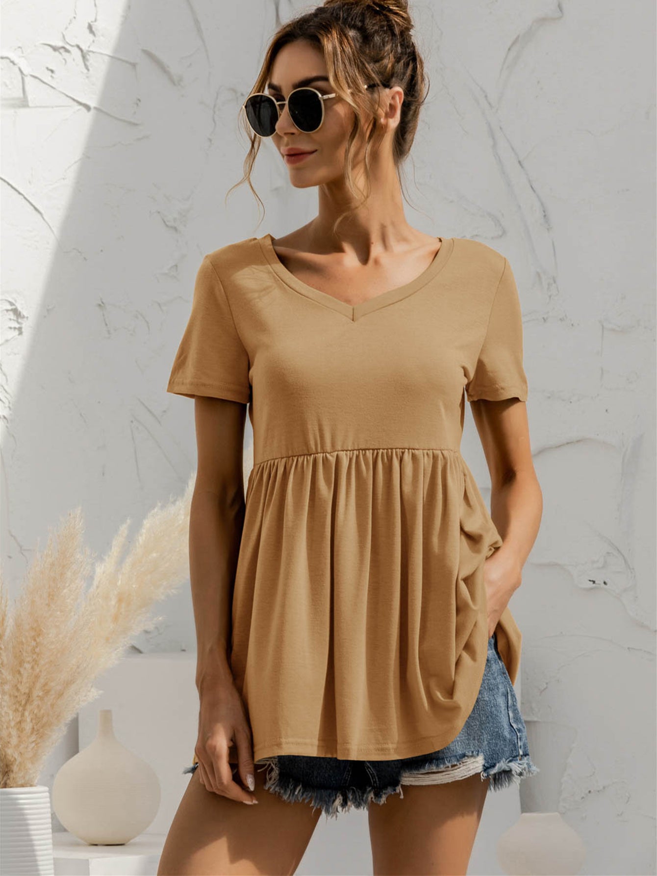 V-Neck Short Sleeve Babydoll Top - Classique Collection