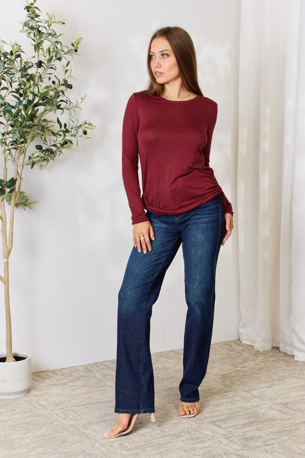 Culture Code Full Size Drawstring Round Neck Long Sleeve Top - Classique Collection