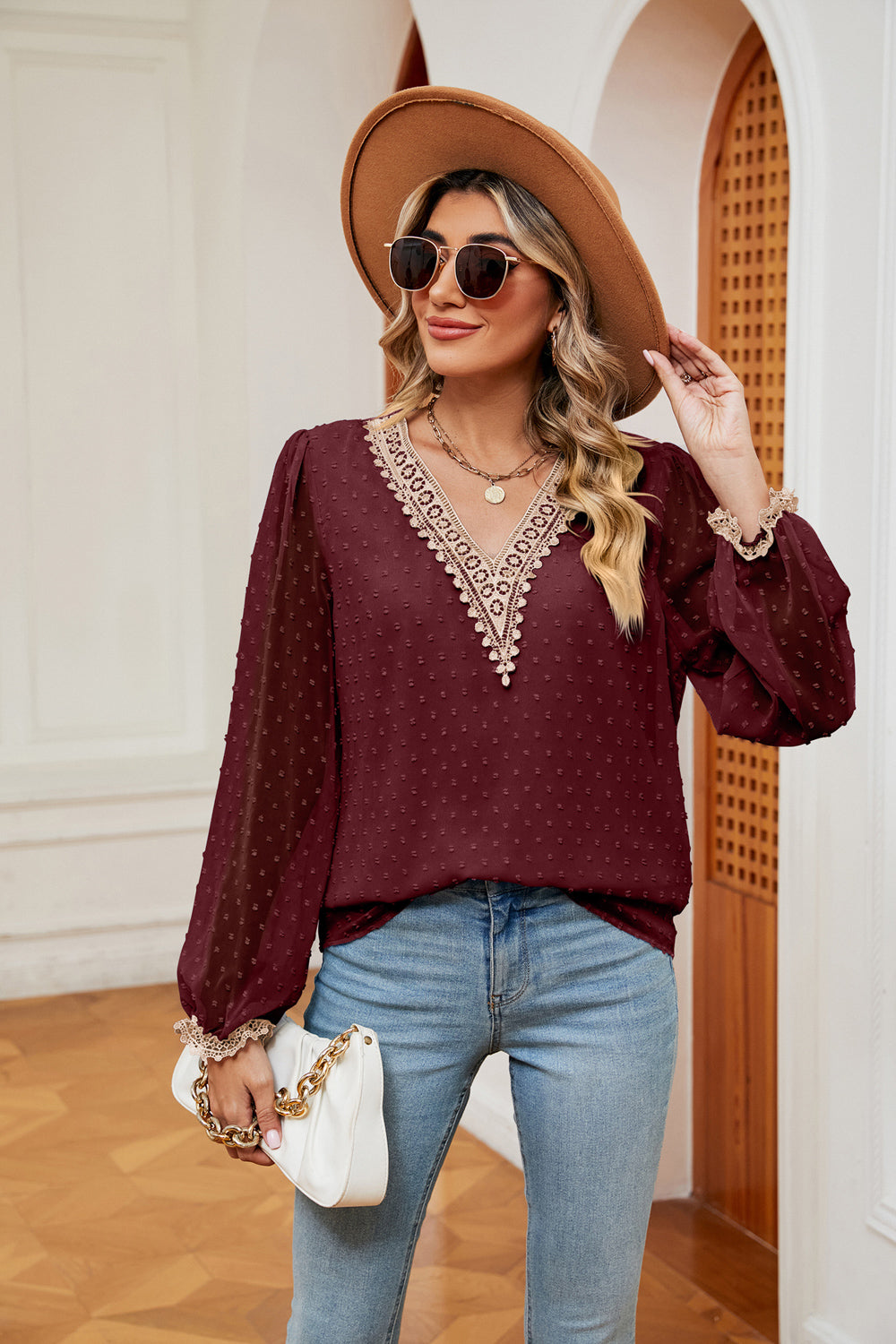Swiss Dot Contrast V-Neck Blouse - ClassiQ