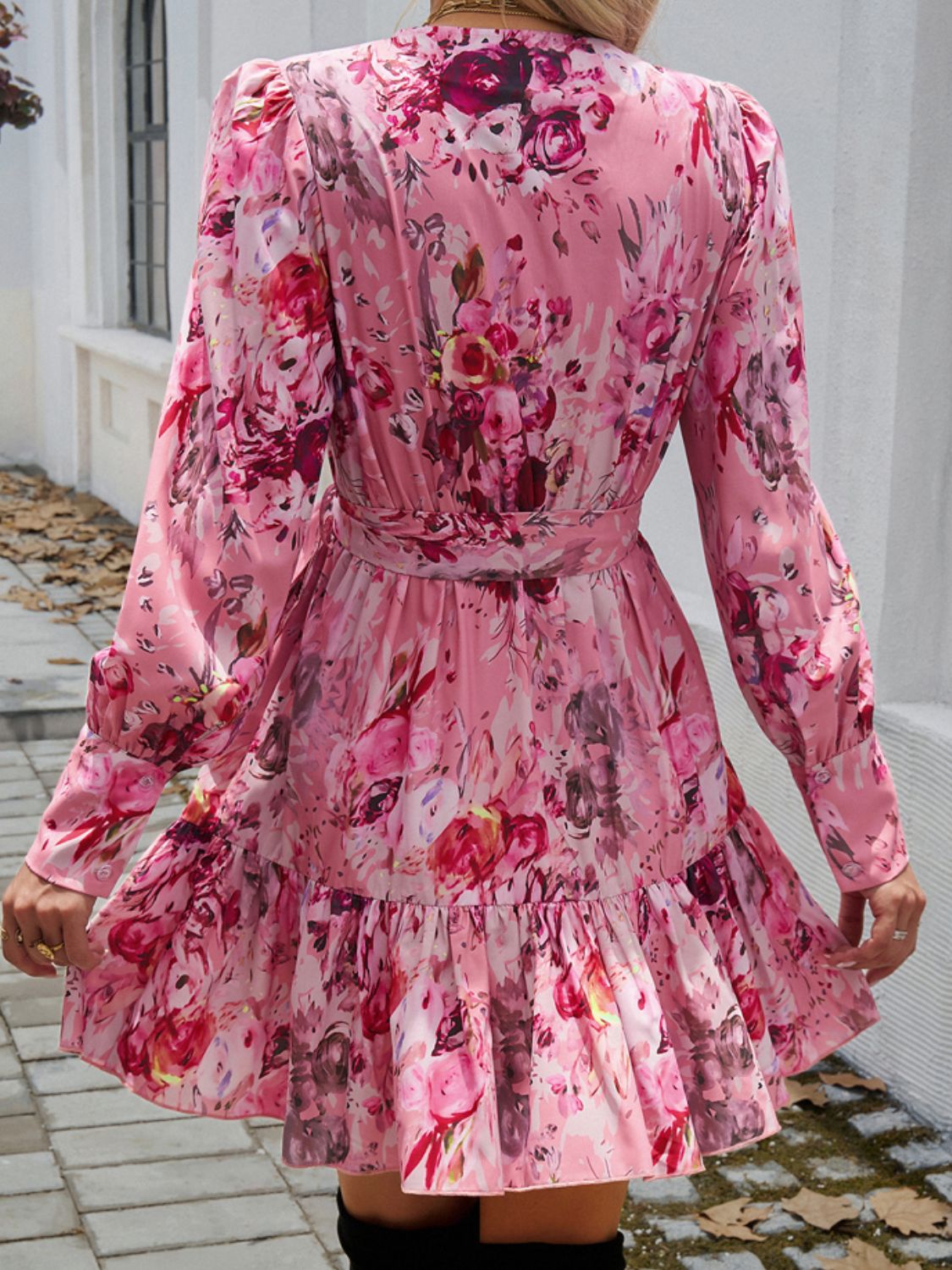 Devine Ruffled Printed Surplice Long Sleeve Mini Dress - Classique Collection