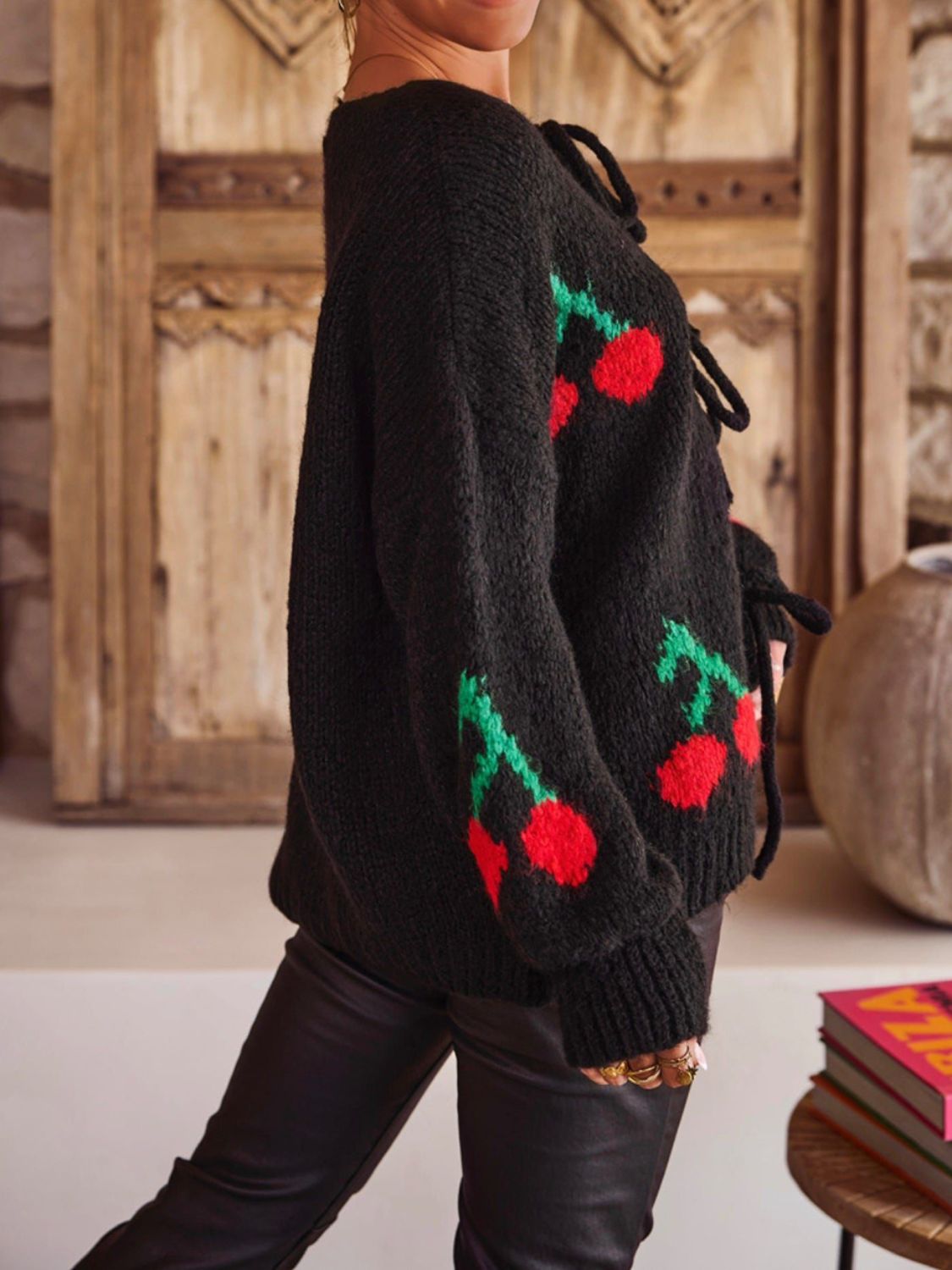 Tied Cherry Round Neck Long Sleeve Cardigan - Classique Collection