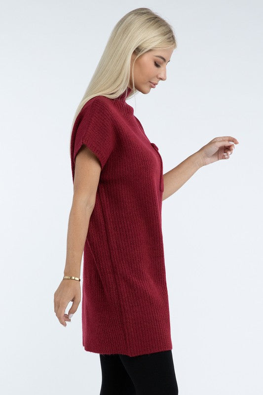 Mock Neck Short Sleeve Sweater Dress with Pocket - Classique Collection