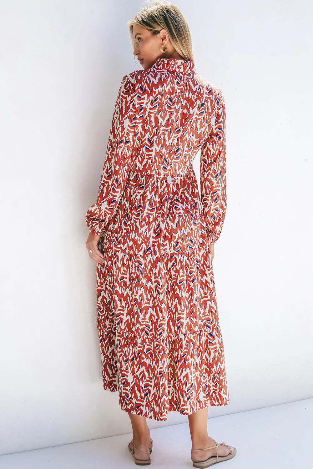 Printed Notched Long Sleeve Dress - Classique Collection