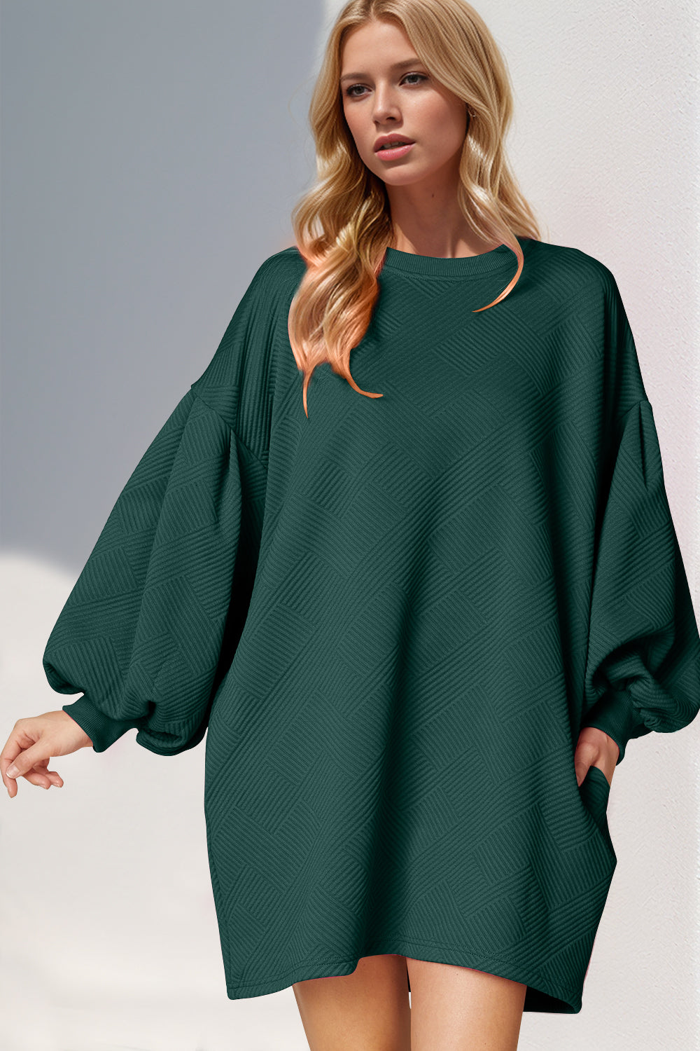 Double Take Drop Shoulder Lantern Sleeve Texture Mini Dress with Pockets - Classique Collection