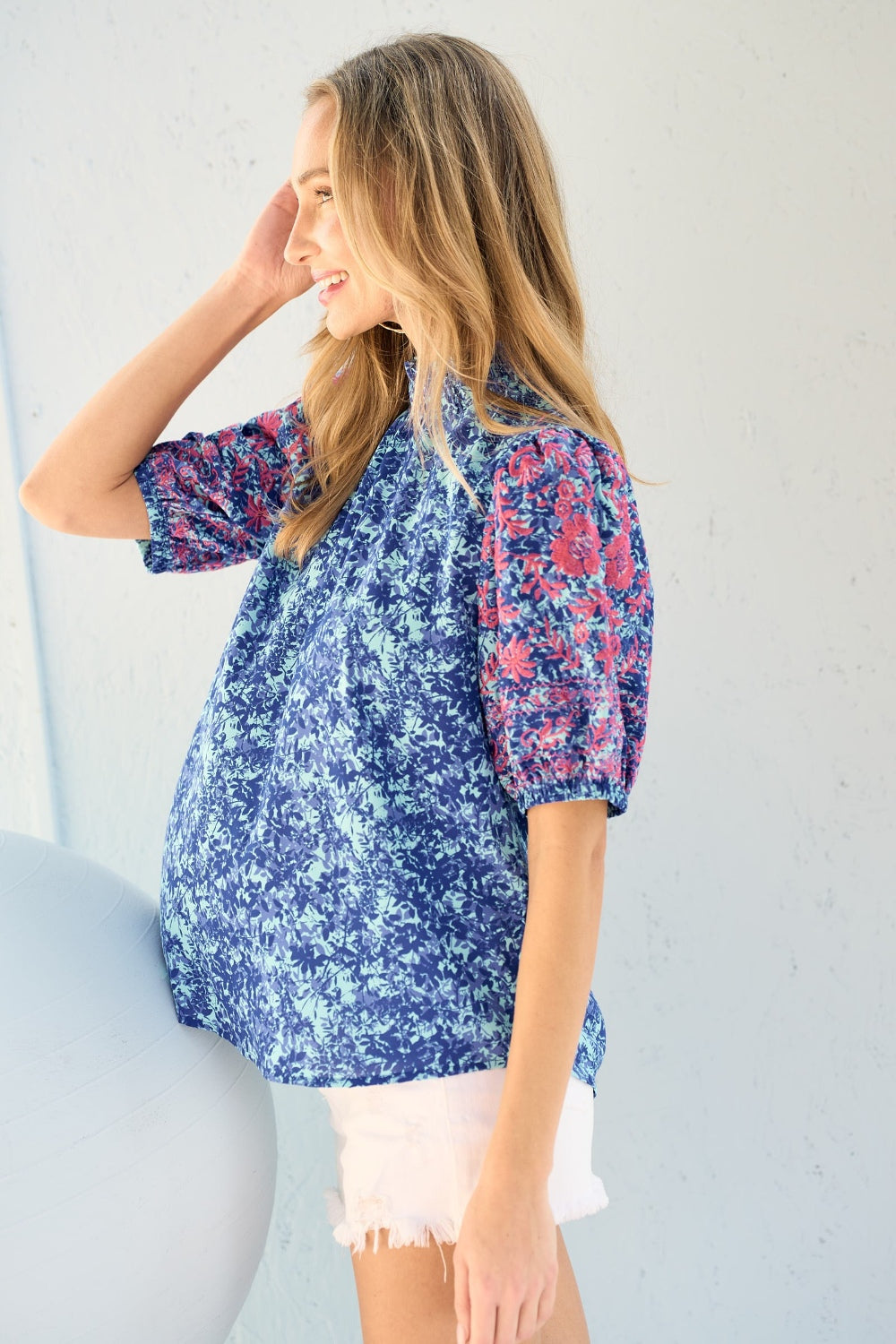 Hailey & Co Embroidered Puff Sleeve Printed Blouse - Classique Collection