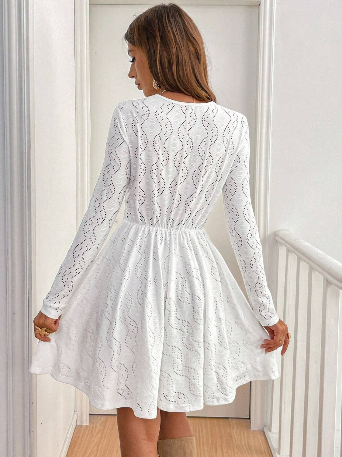 Lace Detail V Neck Long Sleeve Mini Dress - Classique Collection