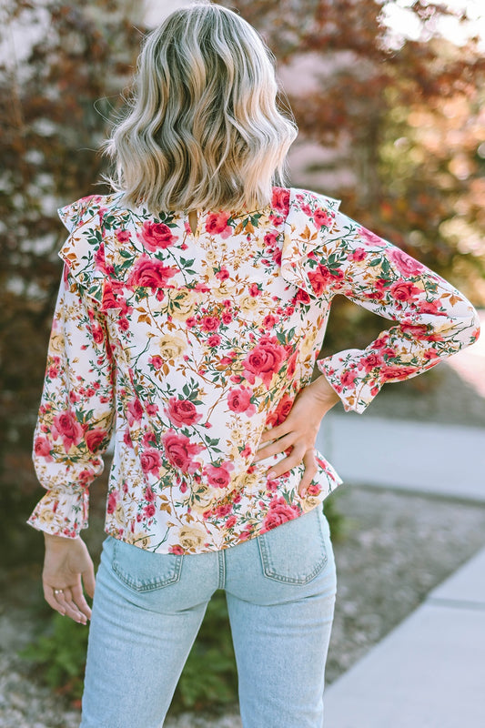 Floral Round Neck Smocked Blouse - ClassiQ