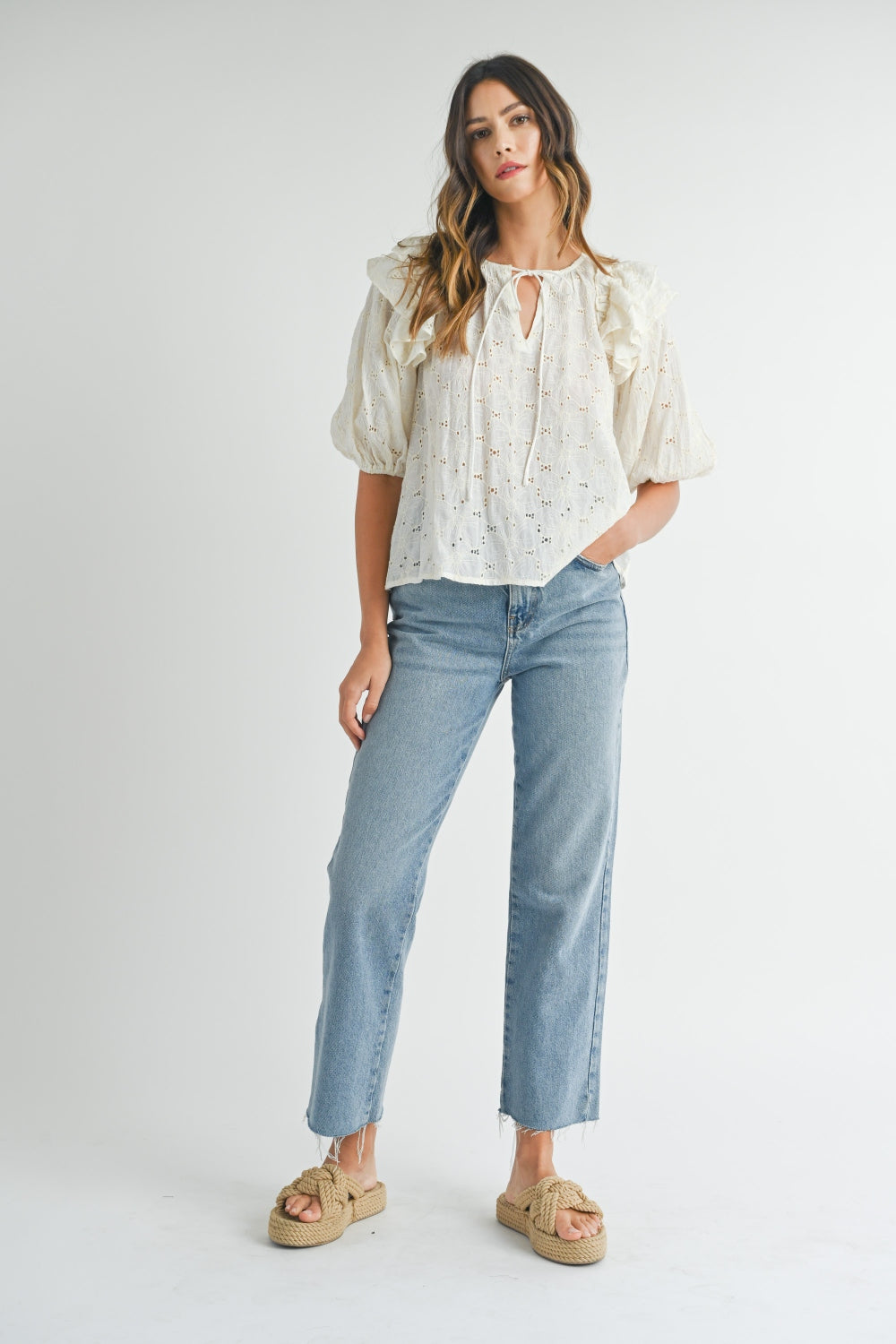 MABLE Eyelet Lace Ruffle Shoulder Puff Sleeve Blouse - Classique Collection