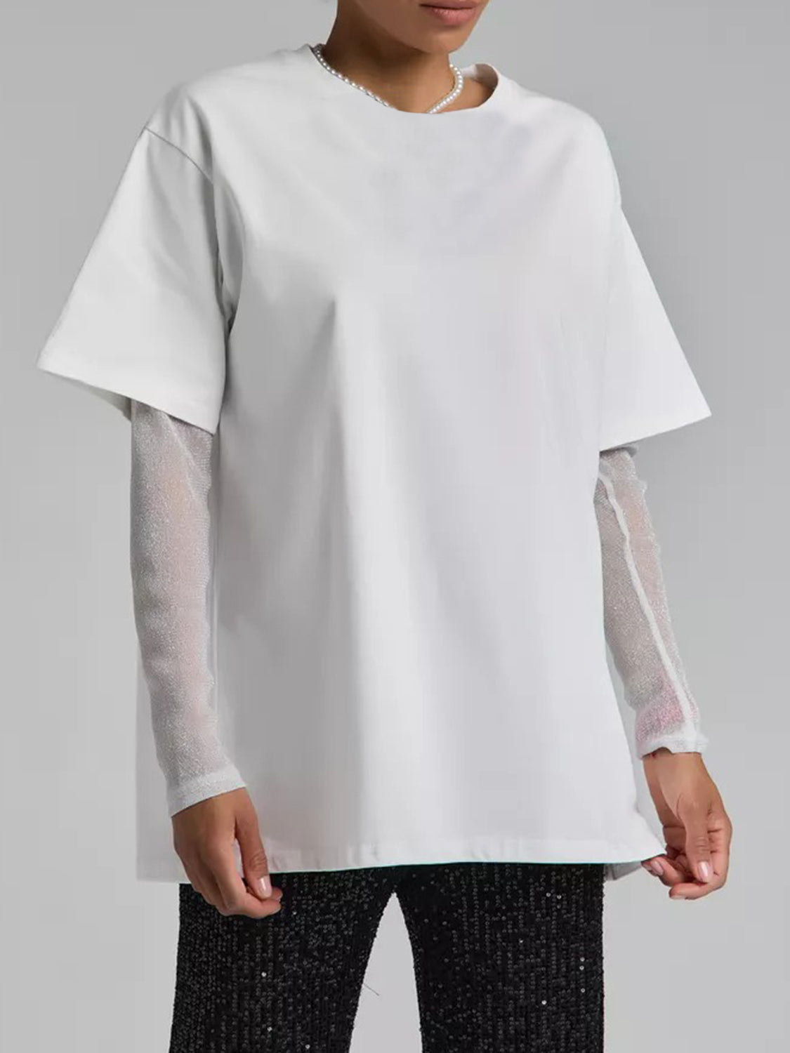 Faux Layered Round Neck Mesh Sleeve Top - Classique Collection